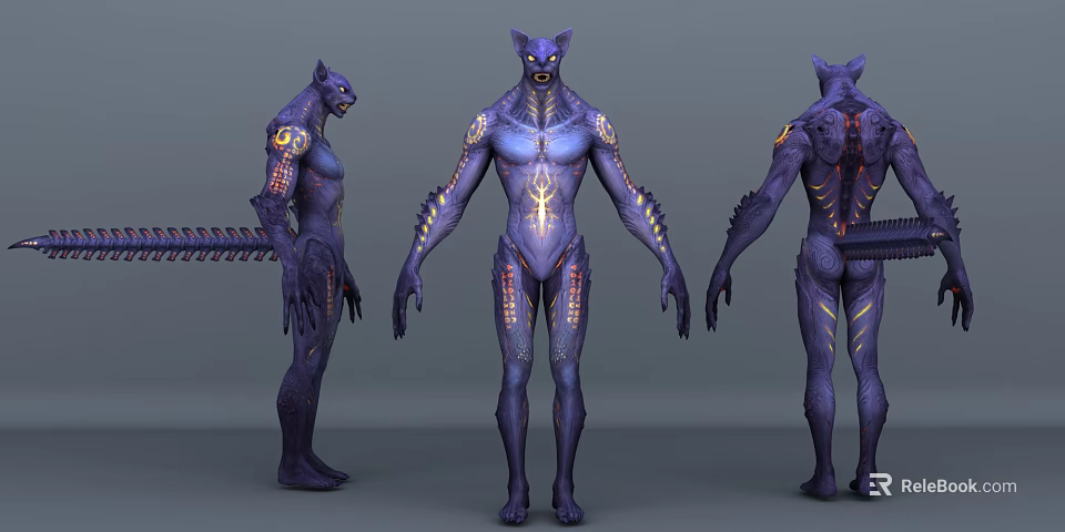 Game Movie Character With Purple Skin Golden Patterns And Spiked Tail Three View Angles 3d model 