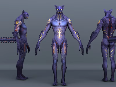 Game Movie Character With Purple Skin Golden Patterns And Spiked Tail Three View Angles 3d model