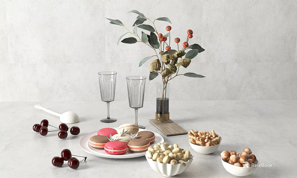Assorted Macarons Cherries And Nuts With Wine Glasses On Minimalist Table 3d model 