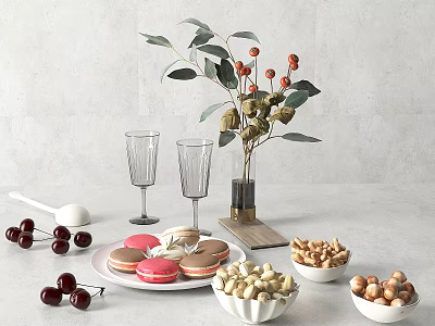 Assorted Macarons Cherries And Nuts With Wine Glasses On Minimalist Table 3d model
