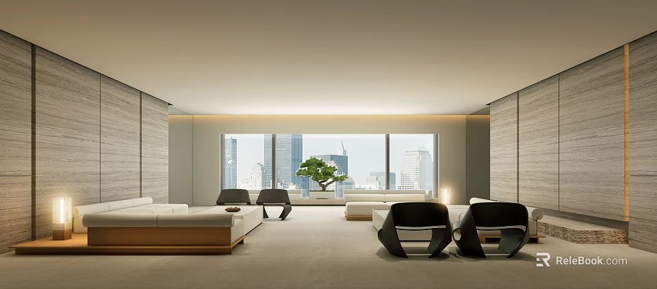 Modern Lounge Area Interior With Large Windows City View And Comfortable Seating 3d model 
