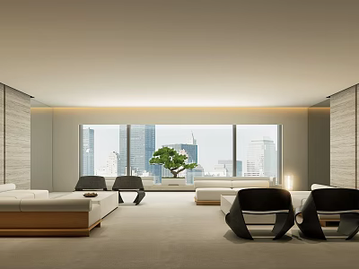Modern Lounge Area Interior With Large Windows City View And Comfortable Seating 3d model