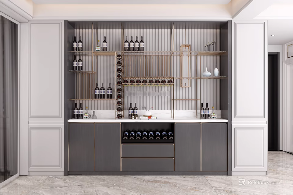Elegant Modern Wine Cabinet With Glass Shelves Wine Bottles And Wine Glasses 3d model 