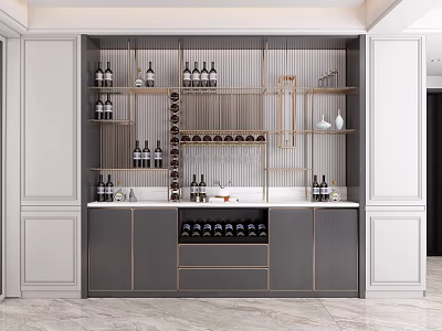 Elegant Modern Wine Cabinet With Glass Shelves Wine Bottles And Wine Glasses 3d model