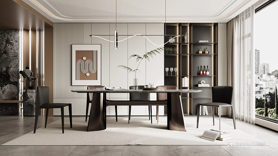 Modern Restaurant Dining Area With Round Table Black Chairs And Pendant Lights 3d model