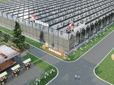 Modern Glass Greenhouse Garden Landscape With Pathways Plants And Leisure Areas 3d model
