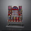 Red Sweet Art Candy Vending Machine Featuring Colorful Candy Boxes Metal Stand Gray Base