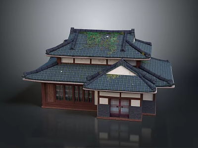 Traditional Two Story Architecture Wooden Structure With Tile Roof Green Vegetation And Classic Windows Doors 3d model