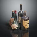 Vintage Glass Bottles With Different Shapes Labels On Dark Reflective Surface