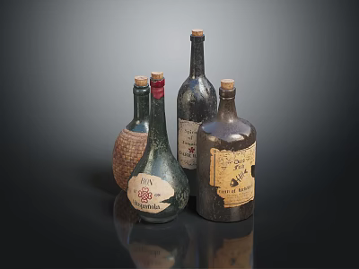 Vintage Glass Bottles With Different Shapes Labels On Dark Reflective Surface 3d model