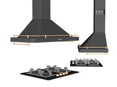 Modern Black Kitchen Appliances With Gold Accent Range Hoods And Gas Stoves 3d model