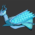 Blue Dragon Character 3D Model Lying With Horns Wings Tail And Shiny Reflective Surface