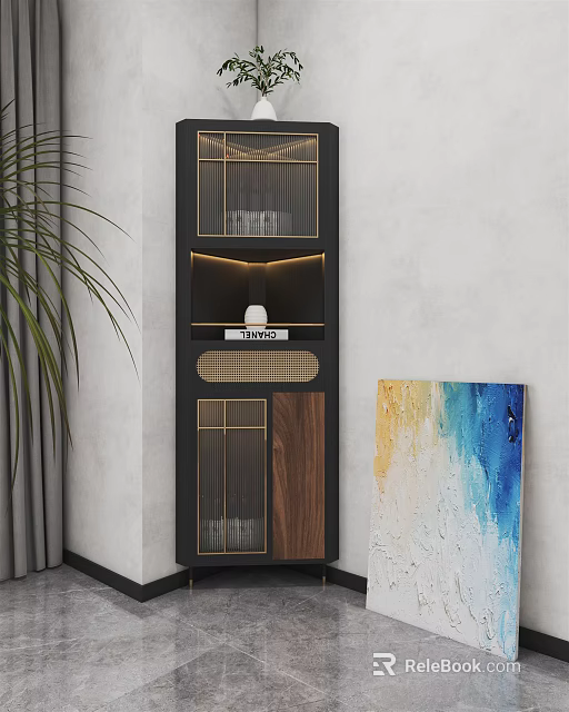Modern Buffet Cabinet With Glass Doors Wooden Panels LED Lighting And Abstract Painting 3d model 