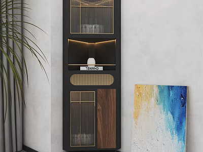 Modern Buffet Cabinet With Glass Doors Wooden Panels LED Lighting And Abstract Painting 3d model