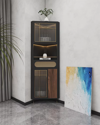 Modern Buffet Cabinet With Glass Doors Wooden Panels LED Lighting And Abstract Painting 3d model