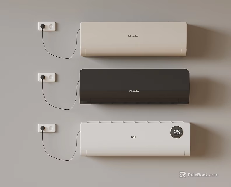 Three Wall Mounted Air Conditioners In Beige Black White With Mitsubishi ETI Brands And Plugs 3d model 