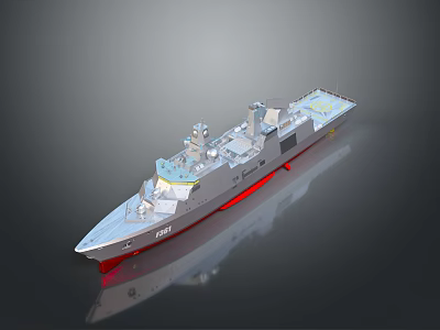 Modern Military Warship With Gray Hull Red Bottom And Advanced Radar Navigation Systems 3d model