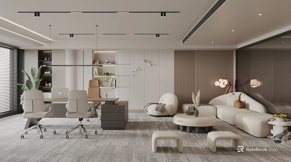 Modern Office Interior Design With Office Chairs Desk Sofa Stools Bookshelf And Lighting 3d model 