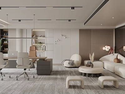 Modern Office Interior Design With Office Chairs Desk Sofa Stools Bookshelf And Lighting 3d model