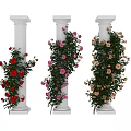 Garden Ornaments With White Pillars And Climbing Red Pink Beige Roses