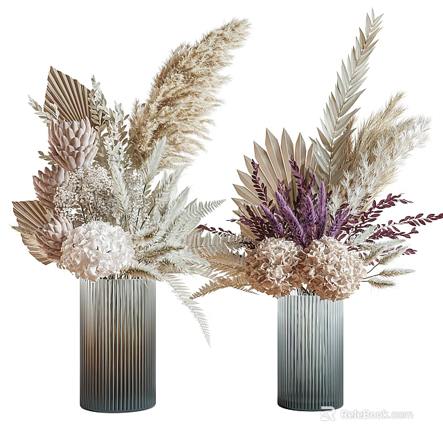 Elegant Dried Flowers In Textured Striped Vases With White Beige Purple Blooms 3d model 