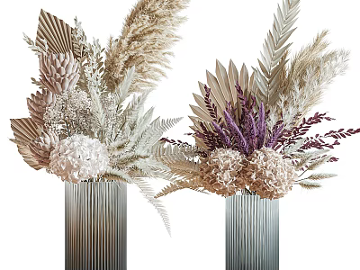 Elegant Dried Flowers In Textured Striped Vases With White Beige Purple Blooms 3d model