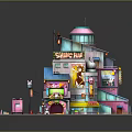 Colorful Cartoon Building Scene With Shave Ray Signboard Ice Cream Truck And Posters