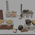Vintage Brick Kitchen Cabinets with Chimneys Cooking Pots and Firewood Piles