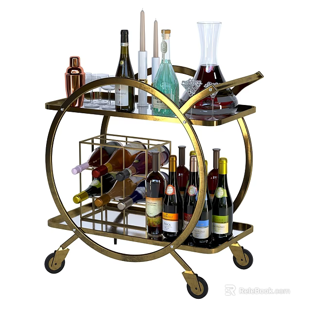 Commercial Bar Cart With Gold Metal Frame Two Tier Design For Wine Bottles And Glassware 3d model 