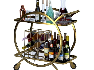Commercial Bar Cart With Gold Metal Frame Two Tier Design For Wine Bottles And Glassware 3d model