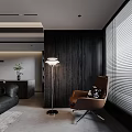 Modern Living Room Interior With Comfortable Brown Accent Chair Floor Lamp And Wooden Wall Blinds