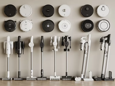 Modern Household Vacuum Cleaners Featuring Robotic And Upright Designs In Black And White Colors 3d model