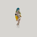 Three Angles of Woman with Blue Green Gradient Hair Wearing White Shorts Yellow Black Jacket