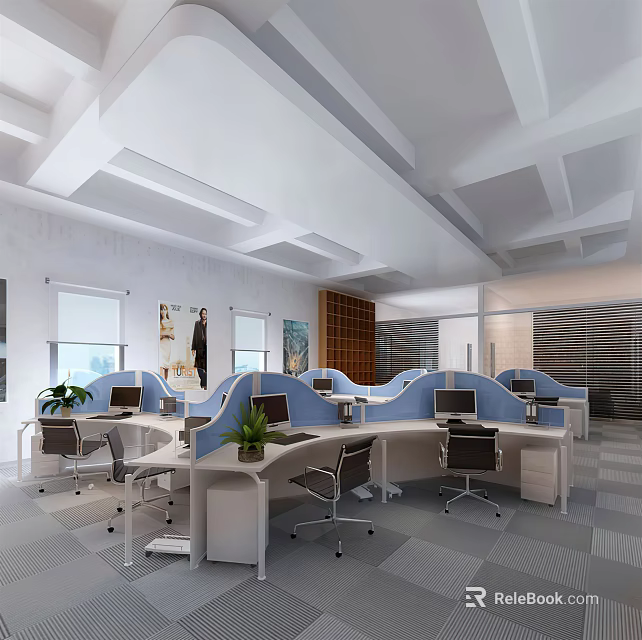 Modern Public Office Area With Cubicle Workstations Computers And Potted Plants 3d model