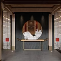 Traditional Tea House Interior With Wooden Shelves And Tea Sets