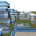 Modern Commercial Street with Tall Buildings Glass Curtain Walls Blue Sky and Wide Road