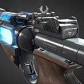 Futuristic Advanced Pistol With Blue Light Wooden Grip Metallic Structure And Smoke