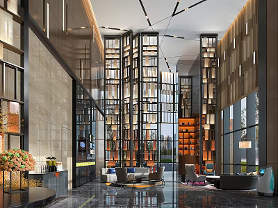 Modern Hotel Lobby Interior With Glass Windows Hanging Lights And Comfortable Sofa Seating 3d model