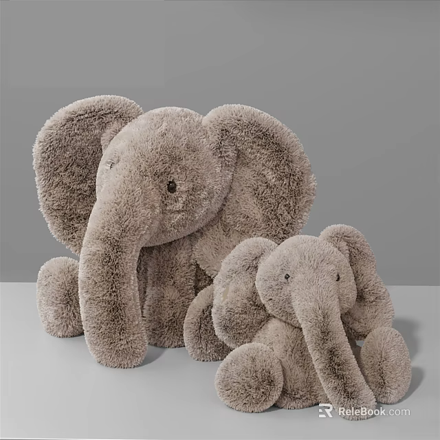 Soft Furry Light Brown Elephant Plush Toys With Large And Small Sizes 3d model 