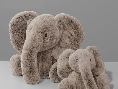 Soft Furry Light Brown Elephant Plush Toys With Large And Small Sizes 3d model