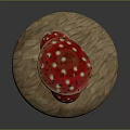 Vibrant Red Mushroom Caps with White Spots and Yellow Stems on Wooden Base