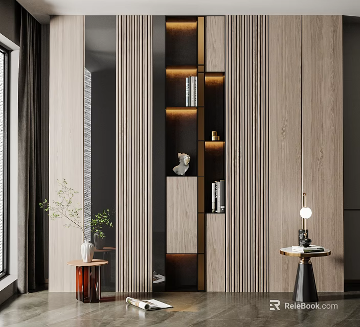 Modern Wooden Stripes Decorative Cabinet With Built-in Lit Shelves Accents Side Tables And Potted Plant 3d model 