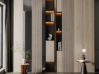 Modern Wooden Stripes Decorative Cabinet With Built-in Lit Shelves Accents Side Tables And Potted Plant 3d model