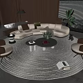 Modern Curved Sofa Coffee Table Combination With Throw Pillows Armchairs Potted Plant And Area Rug