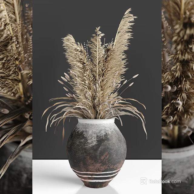 Rustic Ceramic Vase With Dried Pampas Grass For Home Decor Accent 3d model
