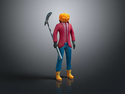 Halloween Themed Character Model With Pumpkin Head Red Coat Blue Pants Yellow Boots And Scythe 3d model