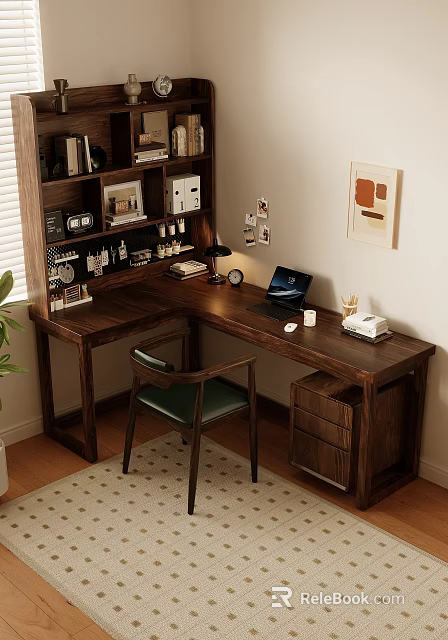 L shaped Walnut Wooden Desk Setup With Laptop Green Chair Bookshelf Lamp And Wall Art 3d model 