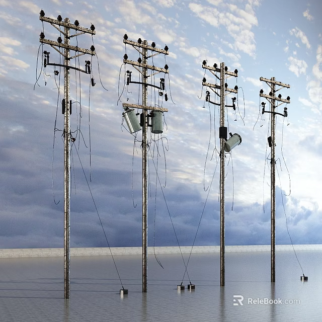 Road Infrastructure Featuring Multiple Utility Poles With Wires Against Cloudy Sky 3d model 