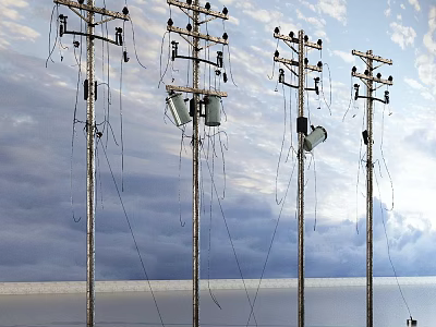 Road Infrastructure Featuring Multiple Utility Poles With Wires Against Cloudy Sky 3d model