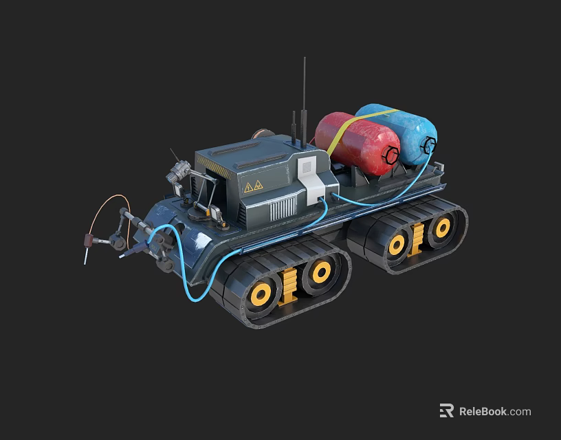 Tracked Mechanical Vehicle With Yellow Track Wheels Red Blue Tanks Antenna And Hoses 3d model 